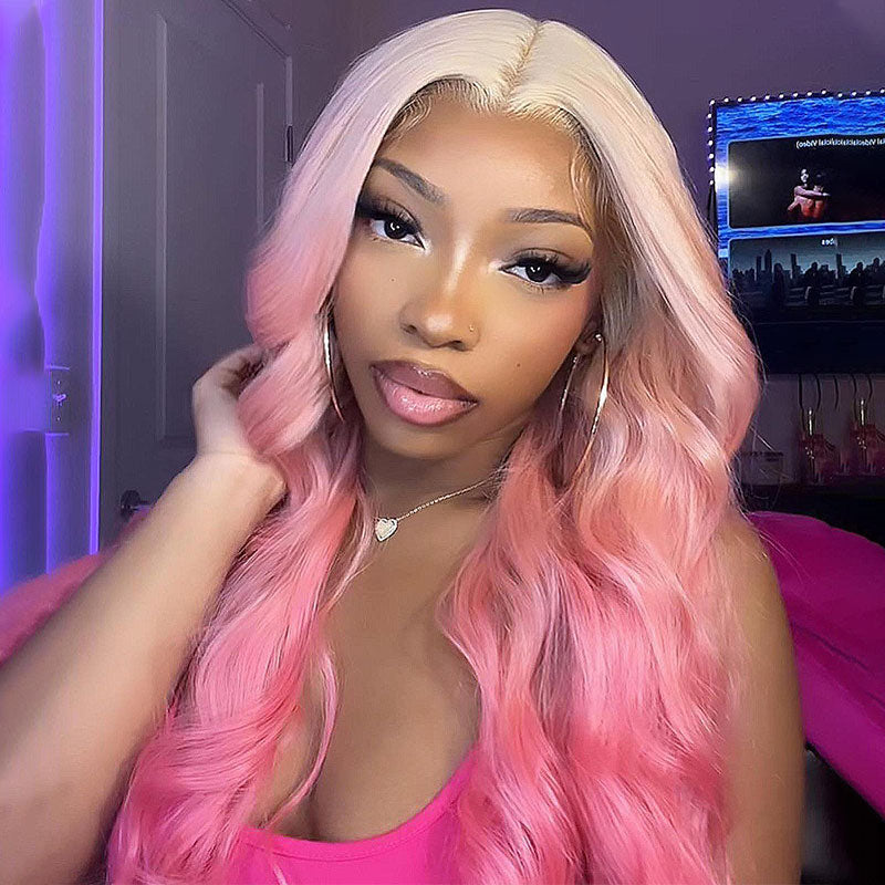 ZSF Blonde Ombre Pink Pre-Plucked Lace Frontal Wig 100% Human Hair 1Piece
