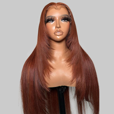 ZSF Layered Cut Auburn Brown 33# Straight Wig Dark Ginger Human Hair One Piece