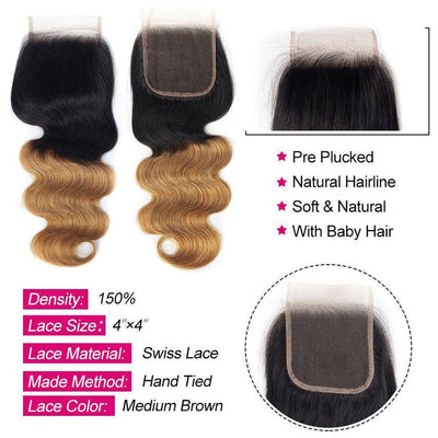 ZSF T1B/27 Ombre Blonde Body Wave Human Hair 3Bundles With Lace Closure Brazilian Remy Hair