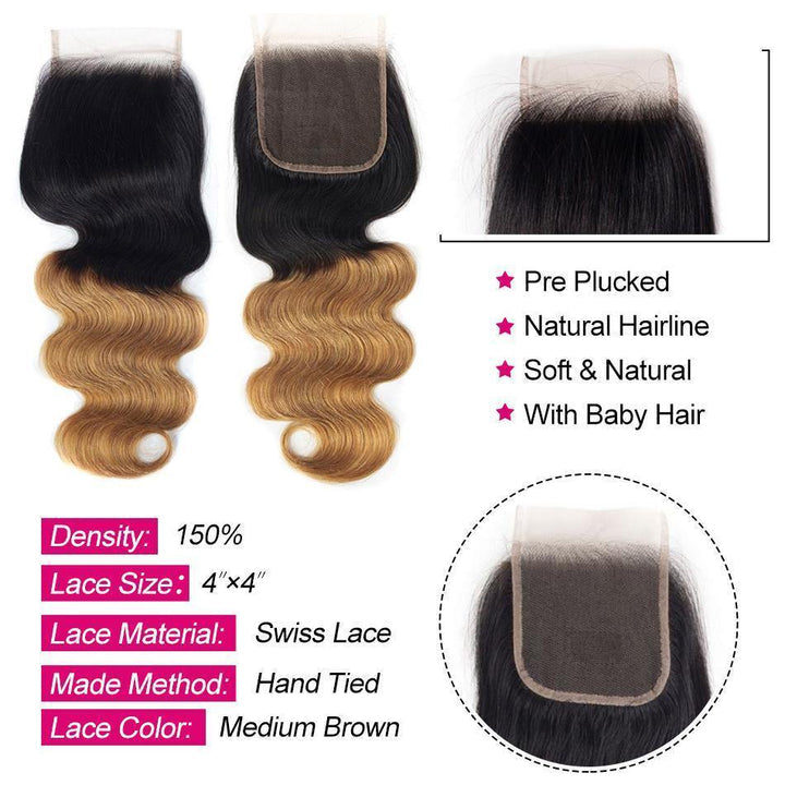 ZSF T1B/27 Ombre Blonde Body Wave Human Hair 3Bundles With Lace Closure Brazilian Remy Hair