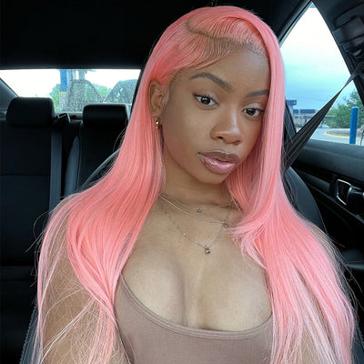 (BUY 1 GET 1 Free) ZSF Pink Colored Wigs Straight Lace Frontal Wig 100% Human Hair 1Piece