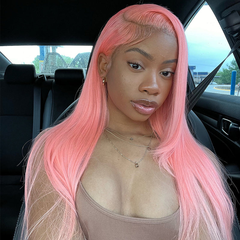 (BUY 1 GET 1 Free) ZSF Pink Colored Wigs Straight Lace Frontal Wig 100% Human Hair 1Piece