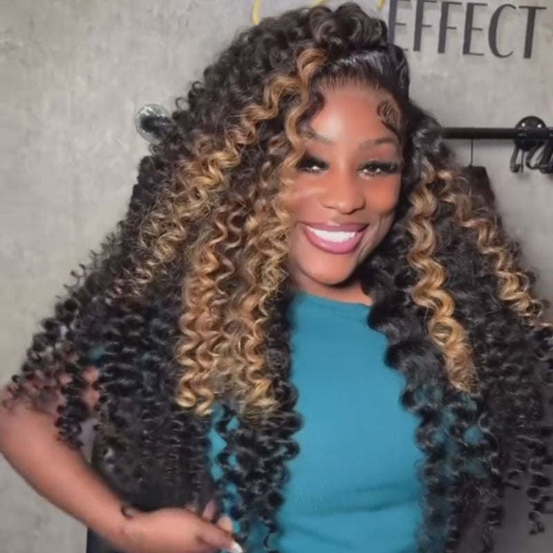 ZSF Hair Super Bouncy Wander Curl Honey Blonde Highlight Mix Black Wand Curl Lace Wig C Part Pre Plucked Natural Hairline 1 Piece