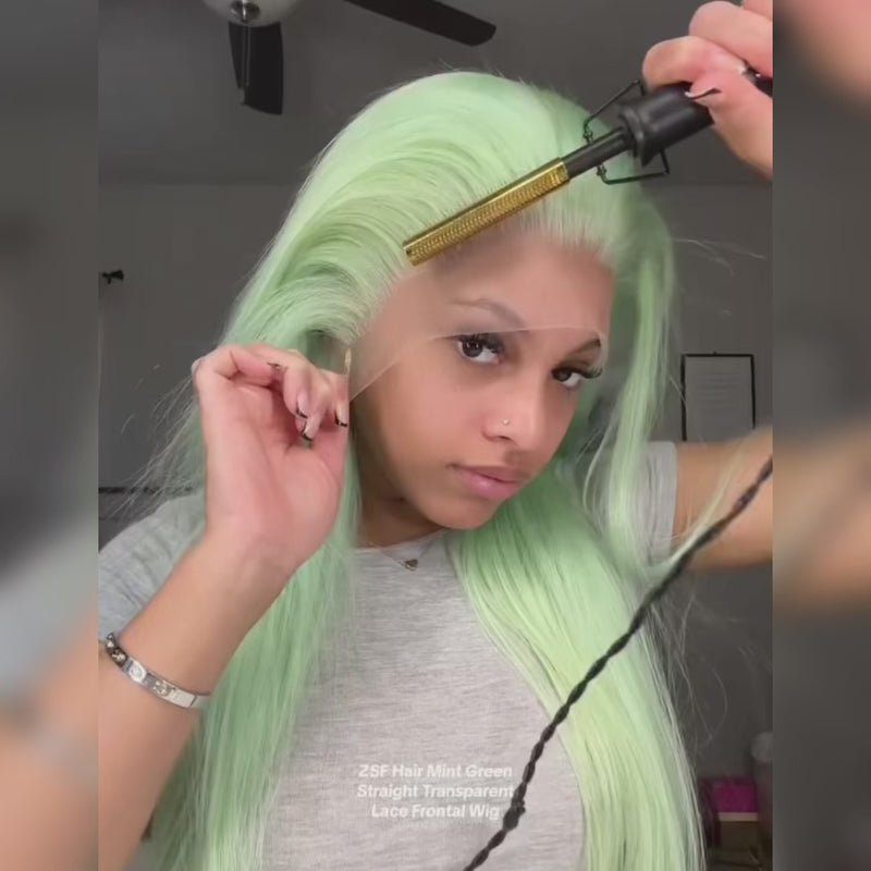 (Clearance Sale) ZSF Hair Mint Green Straight Transparent Lace Frontal Wig 100% Human Hair 1Piece