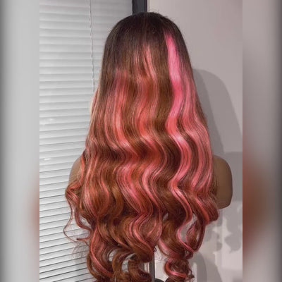 ZSF Hair Pink Skunk Stripe Ombre Blonde And Pink Highlights Body Wave Lace Wig