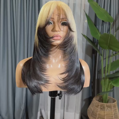 ZSF Hair Ombre Blonde Black T613/1B Layer Cut With Air Bangs Straight Middle Part Virgin Human Hair Lace Wig