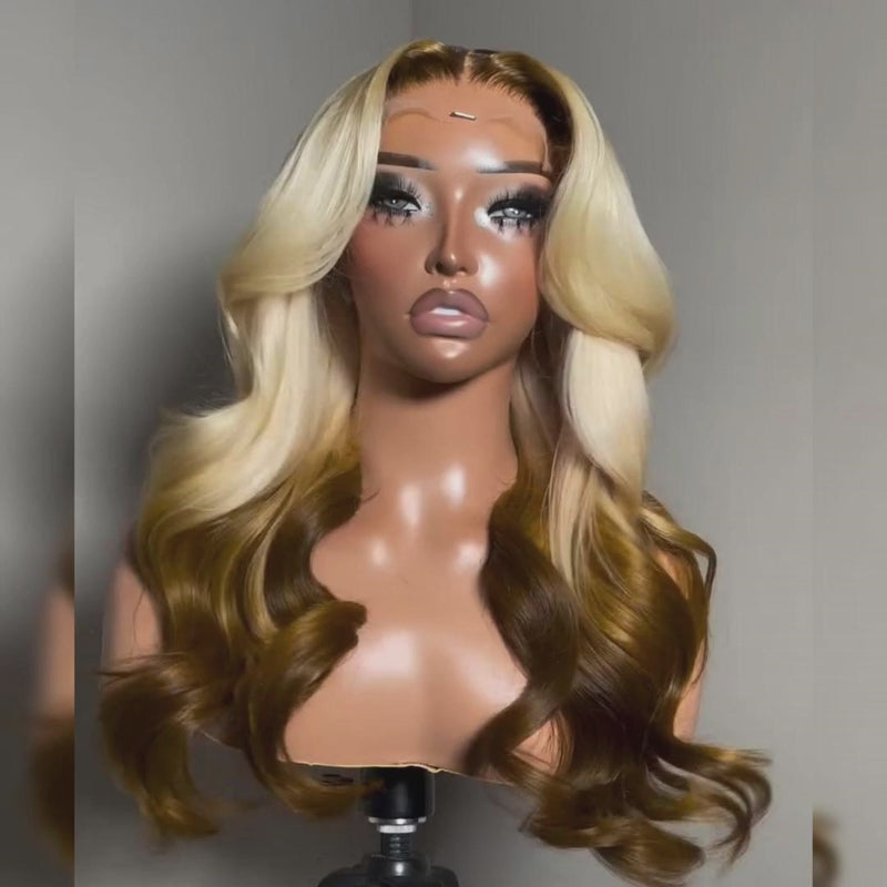 ZSF Ombre Blonde Mixed Golden Brown Body Wave Human Hair Lace Frontal Wig  Middle Part Brazilian Hair