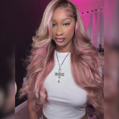 ZSF Hair Pink Skunk Stripe Ombre Blonde And Pink Highlights Body Wave Lace Wig