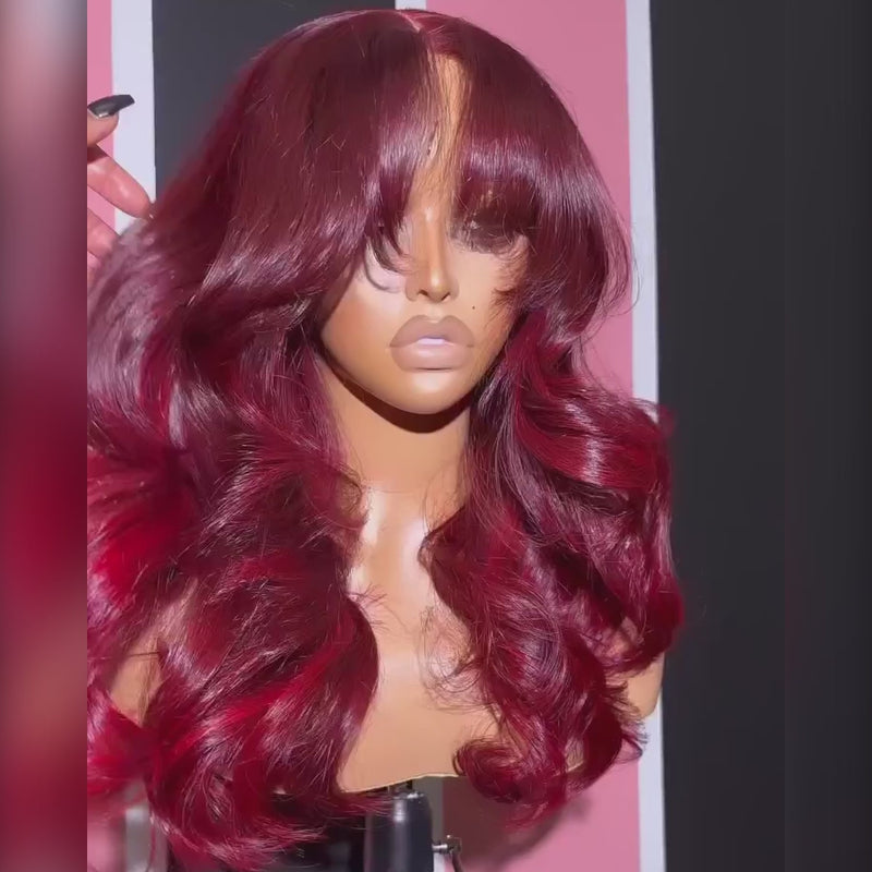ZSF Curtain Bangs Burgundy Transparent Wig Body Wave Colored Lace Frontal Wig
