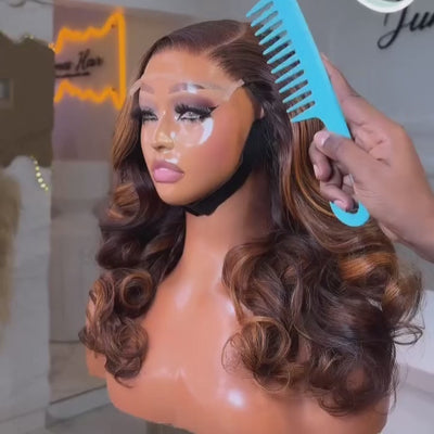 ZSF Brown Mixed Golden Highlight Bouncy Curl Lace Wig Pre-Plucked Natural Hairline Virgin Human Hair