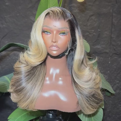 ZSF Trendy Color Ombre Blonde Mix Black Body Wave C Part Wig 613/1B 100% Virgin Human Hair