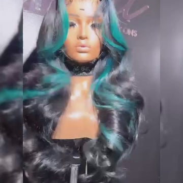 ZSF Customized Color Blue Skunk Stripe Black Body Wave HD Lace Frontal Brazilian Human Hair Wig