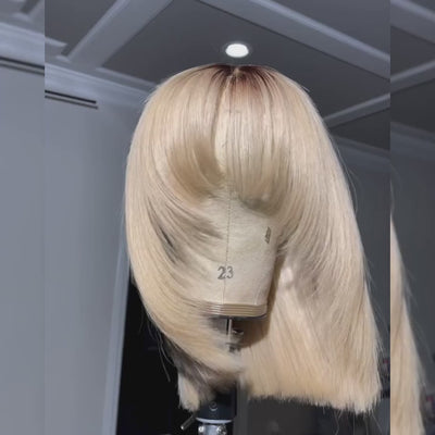 ZSF Trendy Layered Cut Bob With Bangs T2/613 Blonde Dark Roots Lace Bob Straight Hair Short Bob