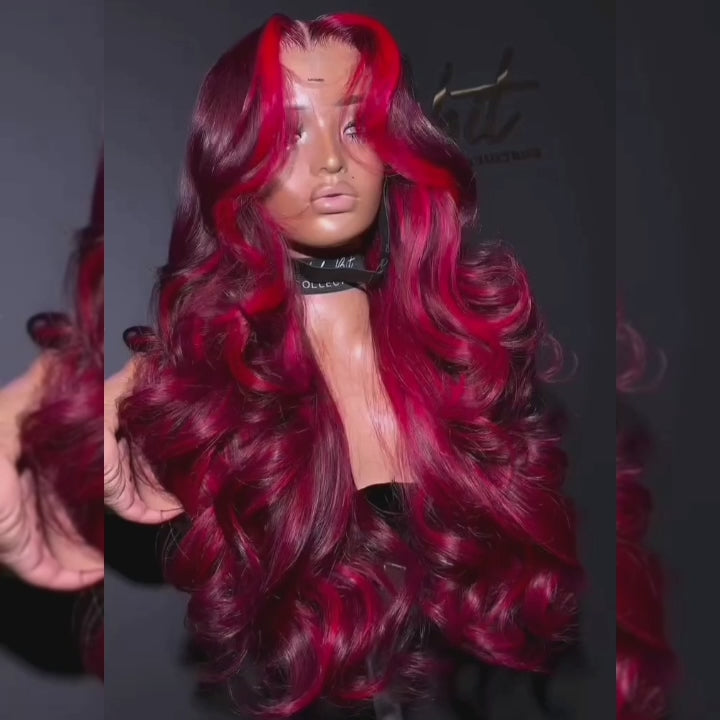 ZSF New Highlight Rose Red With Burgundy Body Wave Colored Hair Transparent Lace Human Hair Wig