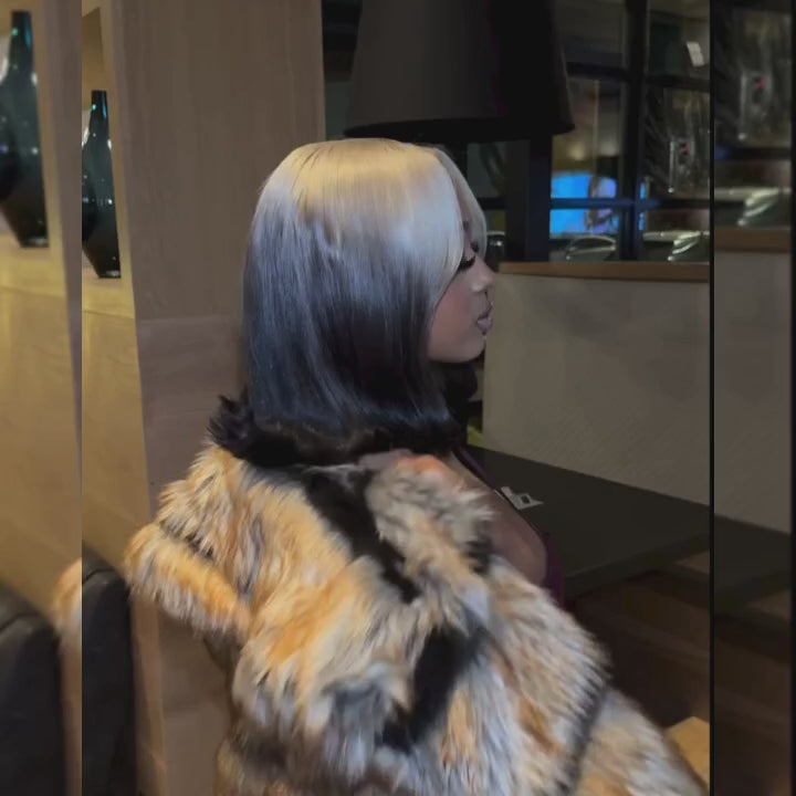 (BUY 1 GET 1 Free) ZSF Fashion Gradient Color Ice Blonde With Black Bob Straight Virgin Hair Lace Wig Invisible Knots Hair