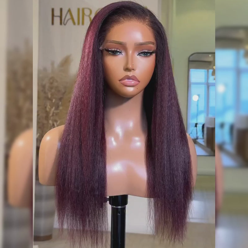 ZSF Ombre Red Wine T1B/dark 99j Ombre Kinky Straight Premium Human Hair Invisi-HD Lace Frontal Wig Natural Hairline