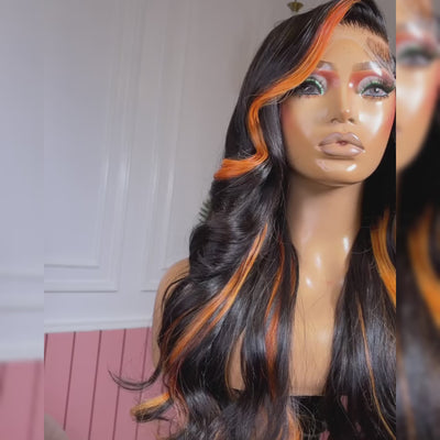 ZSF Orange Highlights Mixed Black Brazilian Body Wave Lace Wig Pre Plucked C Part Natural Hairline1PC