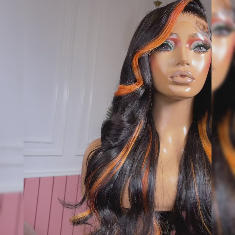 ZSF Orange Highlights Mixed Black Brazilian Body Wave Lace Wig Pre Plucked C Part Natural Hairline1PC