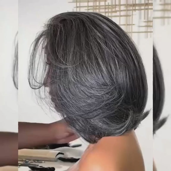 ZSF Salt And Pepper Layered Cut Bob Straight Grey Black Shades Virgin Hair Invisible Knots Hair Natural Hair