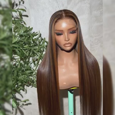 ZSF Ginger Brown Fashion Highlights Straight Lace Human Wig Virgin Hair Pre-plucked Natural Hairline