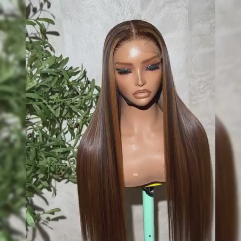 ZSF Ginger Brown Fashion Highlights Straight Lace Human Wig Virgin Hair Pre-plucked Natural Hairline