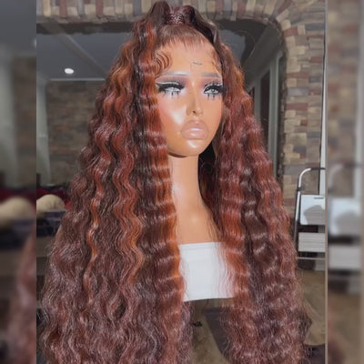 ZSF Autumn Color Reddish Brown Highlight Brown Brazilian Loose Deep Wave Curly Wavy Lace Frontal Wig Natural Hairline Baby Hair