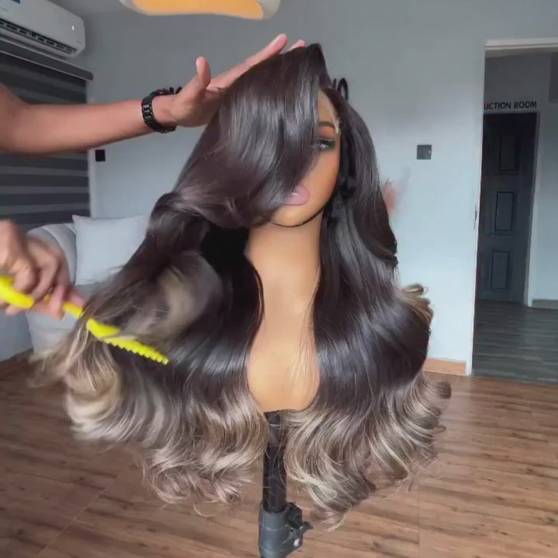 (BUY 1 GET 1 Free)ZSF New Trendy Slight Grey Honey Blonde Highlights Body Wave HD Lace Human Hair Wig C Part Pre Plucked