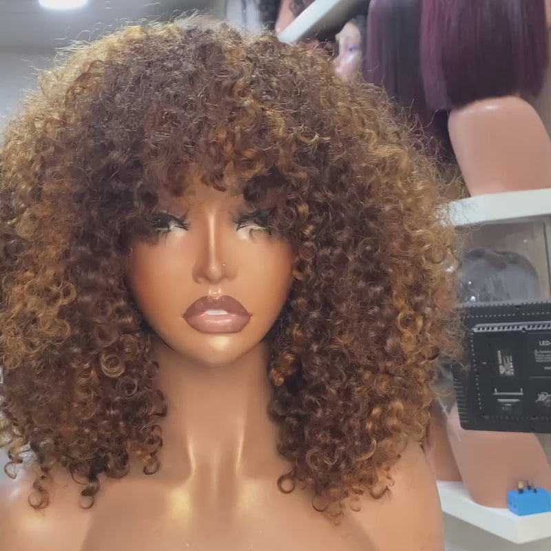 ZSF Transparent Lace Pixie Curly Highlight Virgin Bob Lace Wig With Bang Human Hair 1Piece