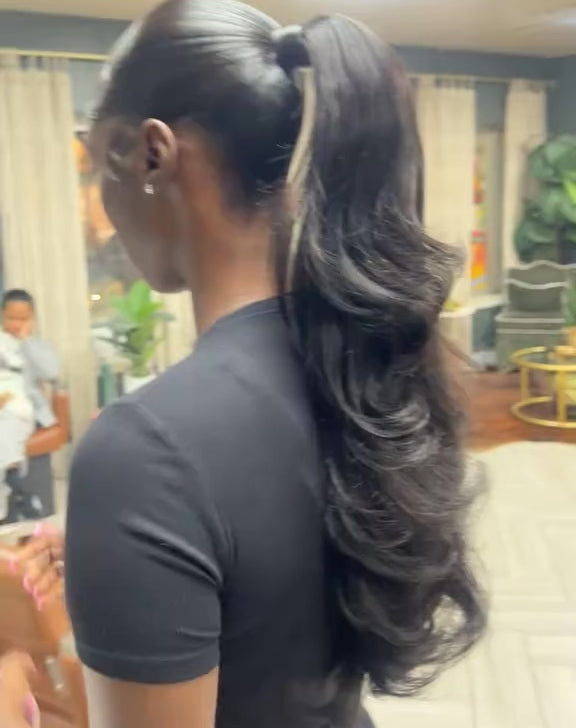 ZSF Straight Ponytail Human Hair With Clip In Extensions Natural Black One Piece