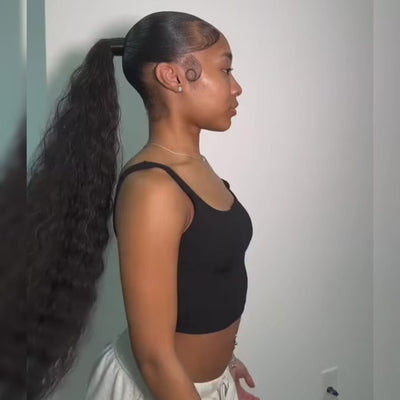 ZSF Natural Wave Ponytail Human Hair With Clip In Extensions Natural Black One Piece