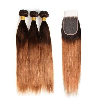 ZSF Ombre T4/30 Straight Virgin Hair 3Bundles With Lace Closure 100% Human Hair