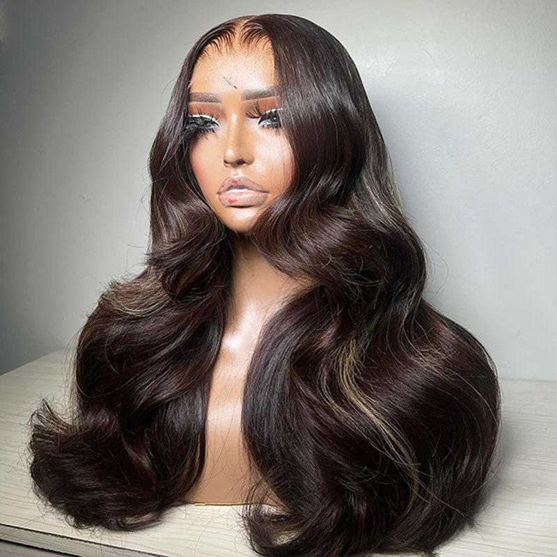 ZSF Brown Blonde Highlight F/4/27 Transparent Lace Wig Body Wave Human Vigin Hair One Piece