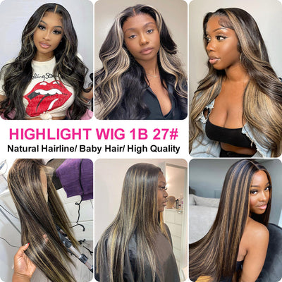 ZSF Hair 1b/27# Highlights Black/Honey Blonde Brazilian Straight Transparent Lace Wig 5*5/13*4 Pre Plucked 1PC