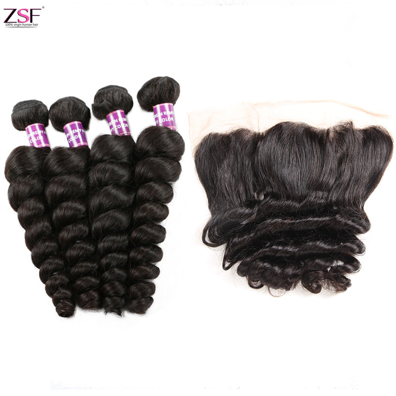 Free Shippng Loose Wave Virgin Hair 4Bundles With Lace Frontal 100% Human Hair 8A Grade Natural Black