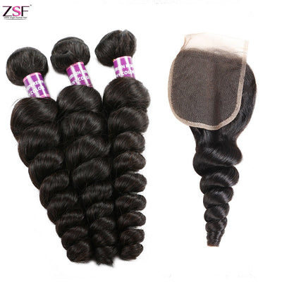 ZSF Hair Loose Wave Virgin Hair 3Bundles With Lace Closure Natural Black 8A Grade
