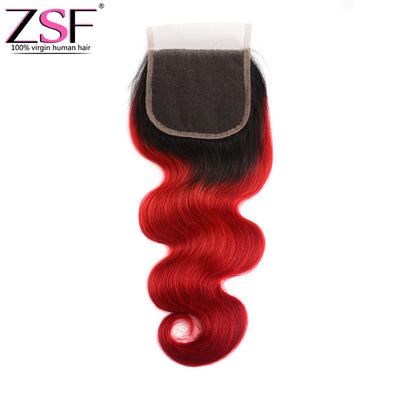 ZSF Hair 8A Grade Brazilian Body Wave Colored Human Hair 4x4 Lace Closure 1 piece(1B Red)