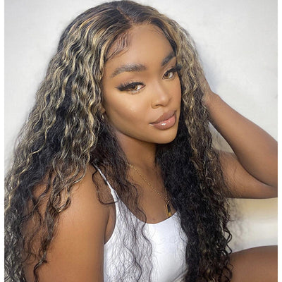ZSF Hair 1b/27# Highlight Brazilian Water Wave Curly Lace Wig Pre Plucked Honey Blonde/Black Color 1Pc
