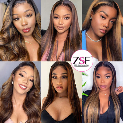 ZSF Hair 1b/30# Highlights Straight Black Dark Blonde Brazilian Transparent Lace Wig Pre Plucked 1PC
