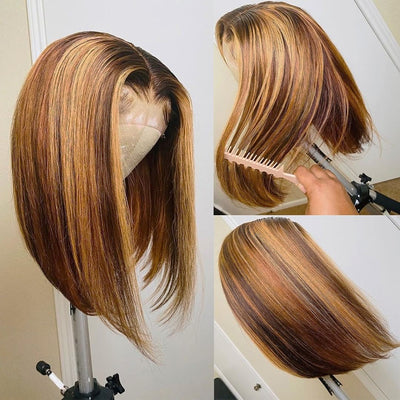 ZSF Hair Bob Lace Wig 4/27# Highlight Brown Honey Blonde Short Bob Straight 1Piece