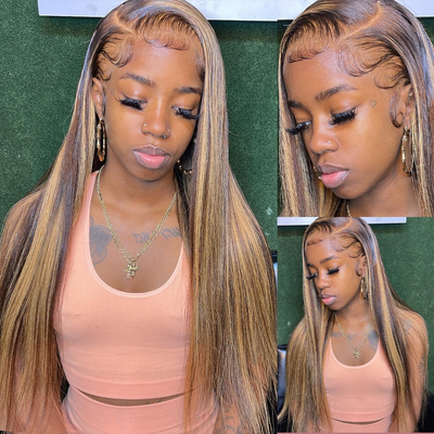 ZSF Hair Brazilian 4/27# Highlights Honey Blonde/Brown Straight Lace Wig Pre Plucked 1Pc
