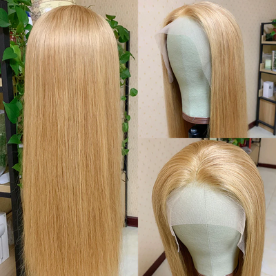 ZSF Honey Blonde 27# Glueless Straight Lace Wig Colored Human Virgin Hair 1Piece
