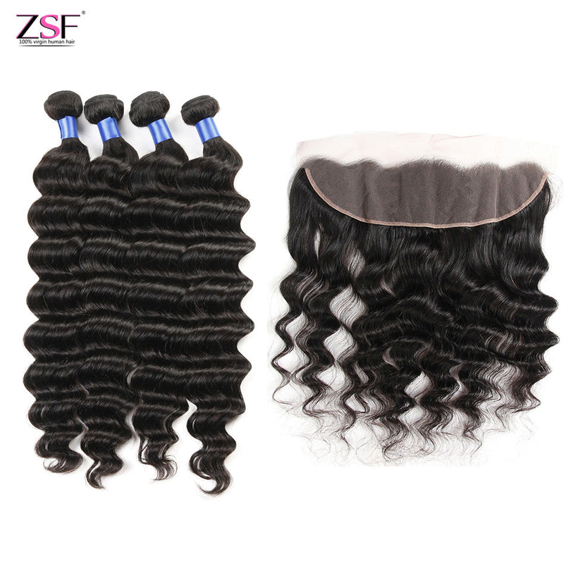 ZSF Loose Deep Wave Virgin Hair 4Bundles With Frontal 100% Human Hair 8A Grade Natural Black