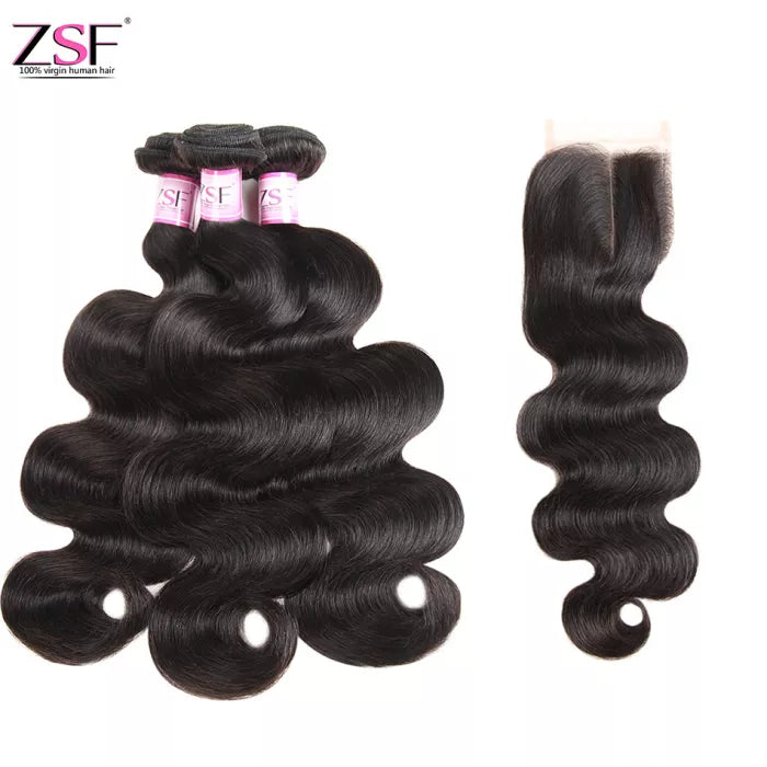 ZSF Body Wave 3Bundles With Lace Closure 8A Grade 100% Human Hair Natural Black