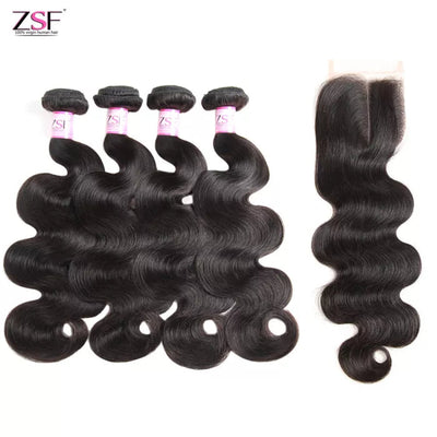 ZSF Body Wave 4Bundles With Lace Closure 8A Grade 100% Human Hair Natural Black