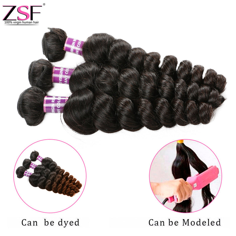 ZSF Loose Wave 4Bundles With Lace Closure 8A Grade 100% Human Hair Natural Black
