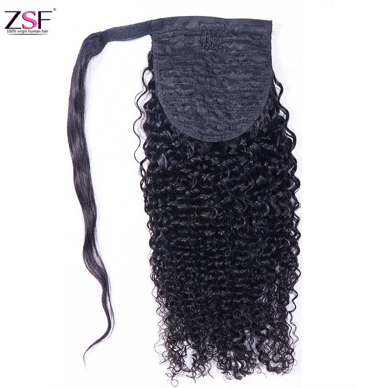 ZSF Jerry Curly Ponytail Human Hair With Clip In Extensions Natural Black One Piece