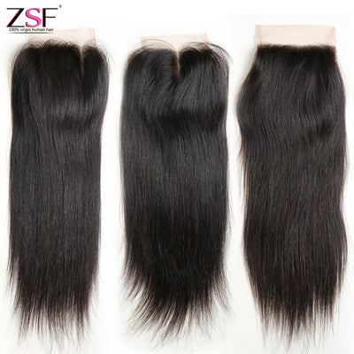 ZSF Hair Straight Human Hair Lace Closure 4x4 Natural Black Color Middle /Free/3 Part 1 piece 10A