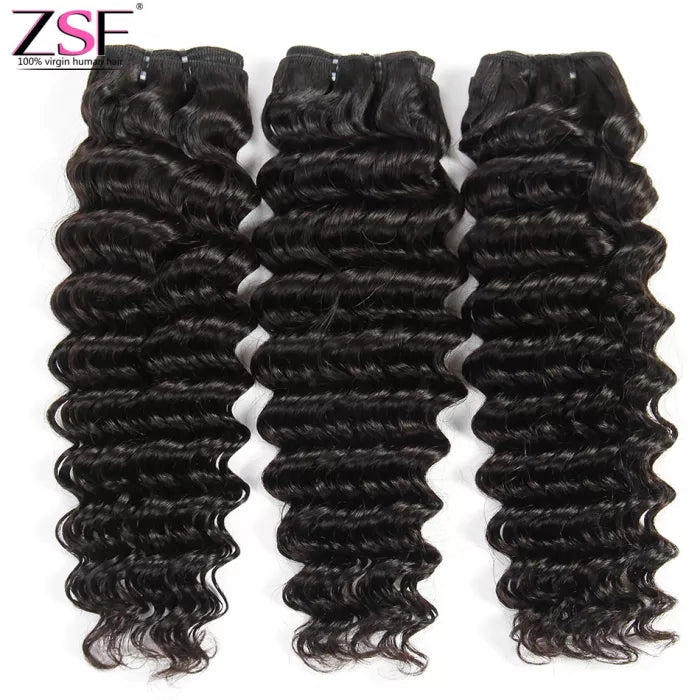ZSF Hair Deep Curly Virgin Hair 3Bundles With Lace Closure Natural Black 8A Grade