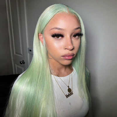 ZSF Hair Mint Green Straight Transparent Lace Frontal Wig 100% Human Hair 1Piece