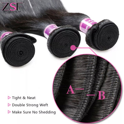 ZSF Straight 4Bundles With Lace Closure 8A Grade 100% Human Hair Natural Black